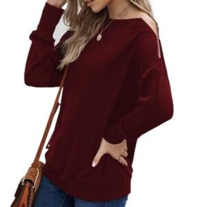 Wine Ribbed Zip Shoulder Top